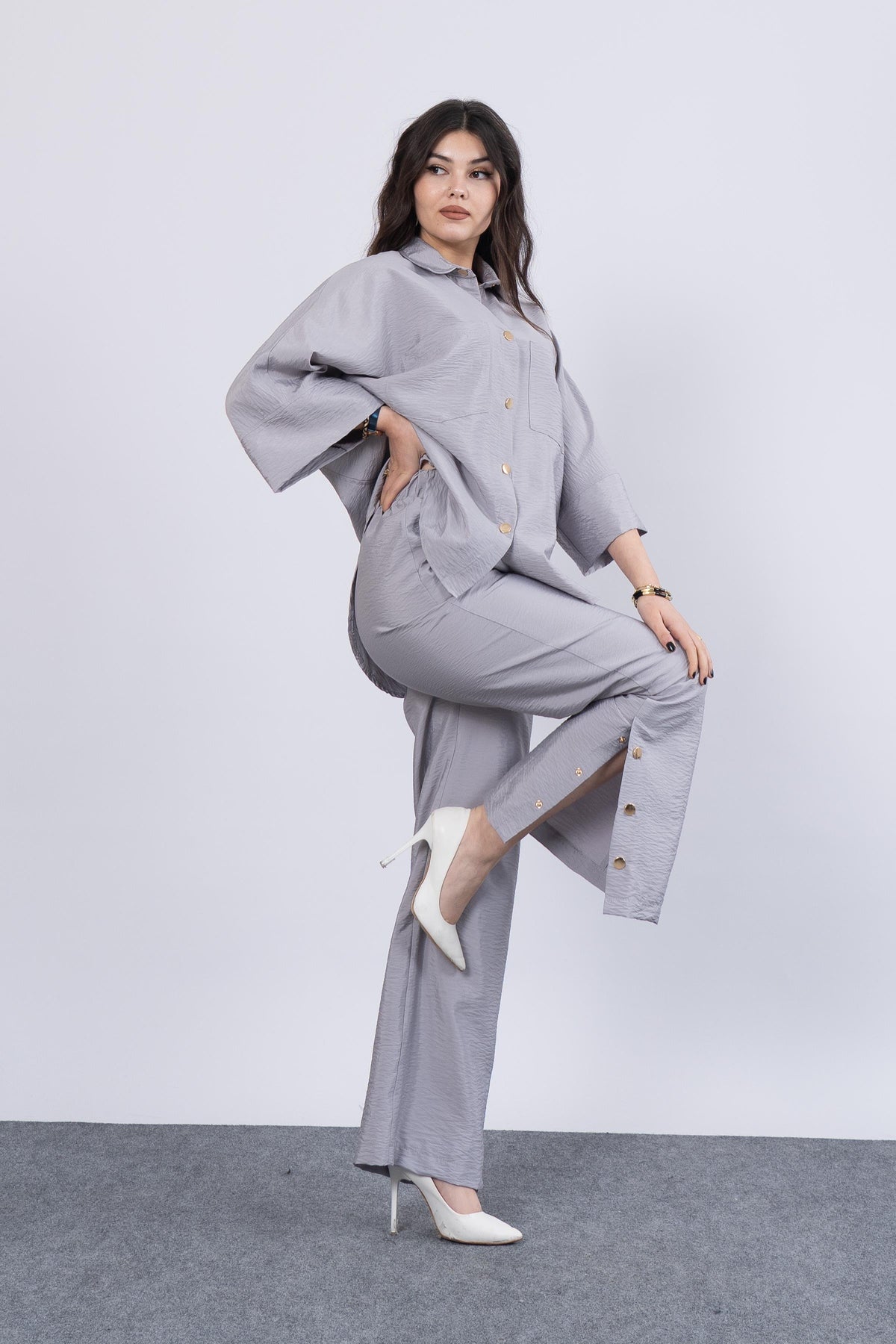 Ensemble Chemise et Pantalon Femme Tendance - Gris Mélange
