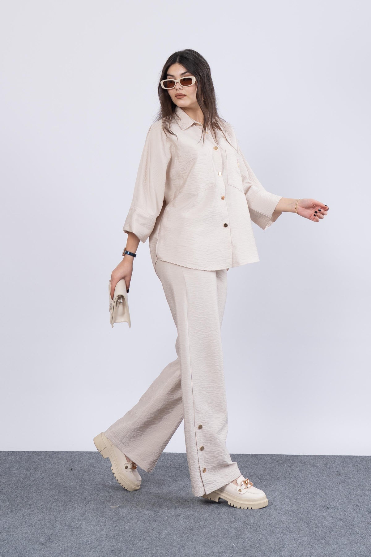 Ensemble Chemise et Pantalon Femme Tendance - Beige