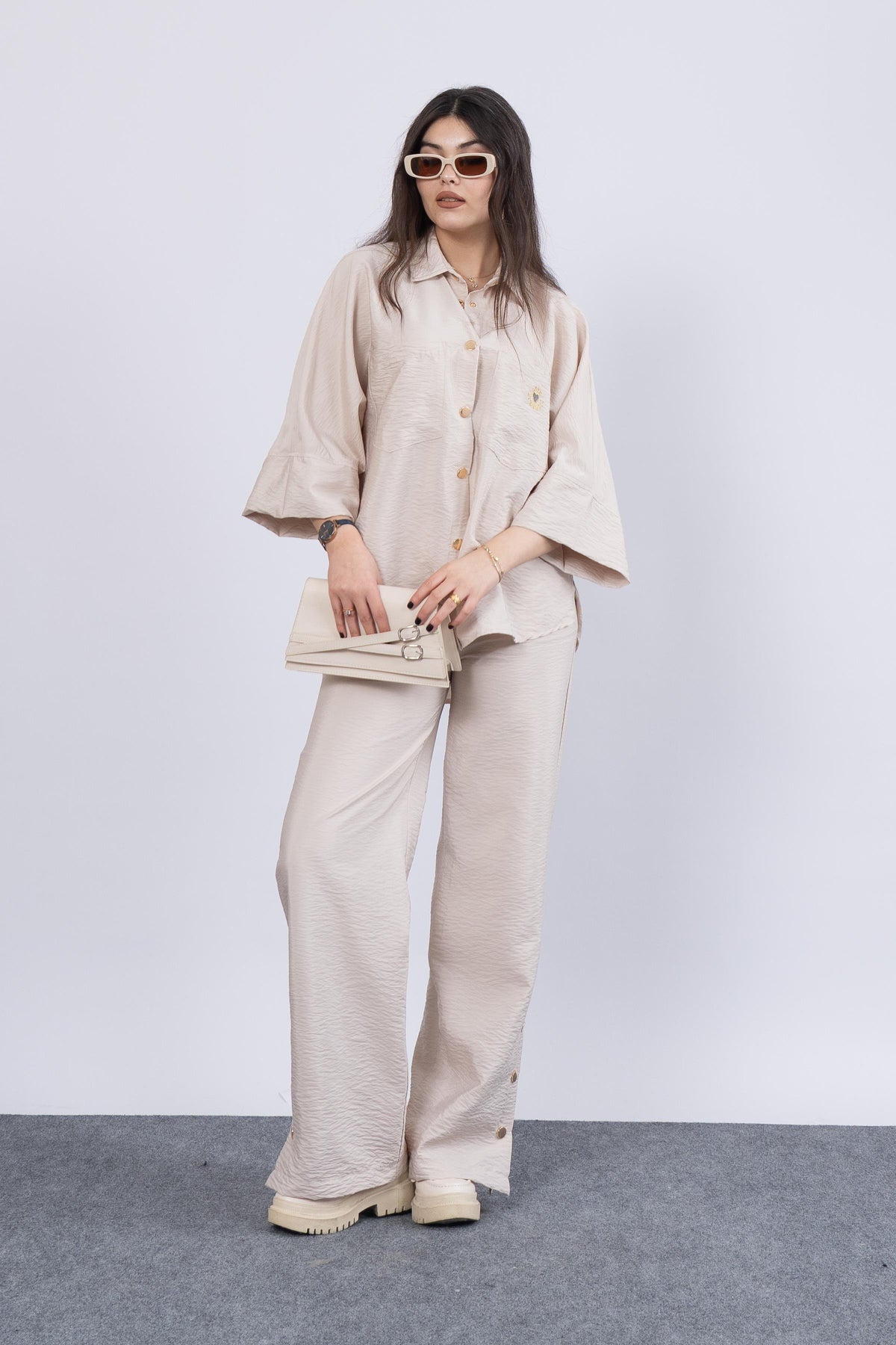 Ensemble Chemise et Pantalon Femme Tendance - Beige