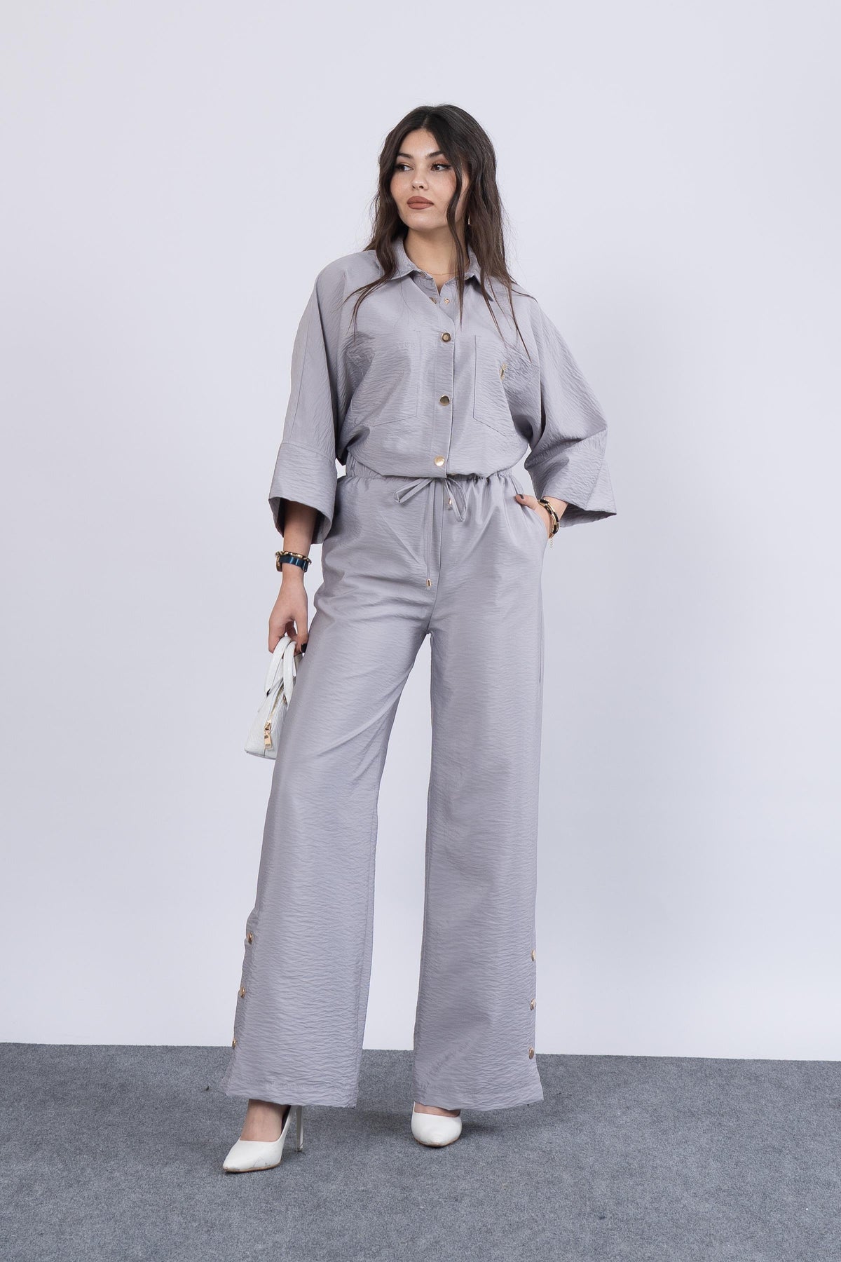 Ensemble Chemise et Pantalon Femme Tendance - Gris Mélange