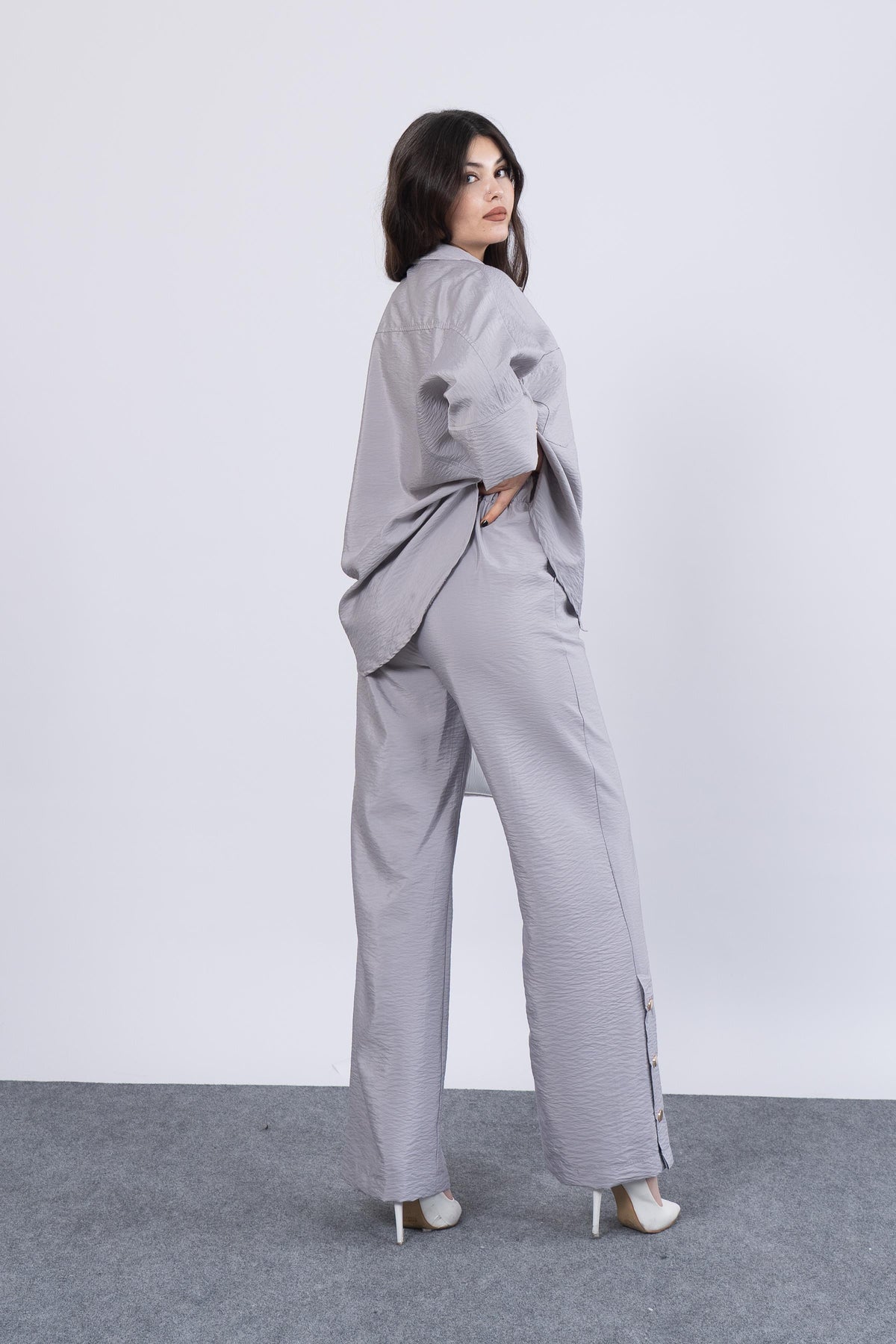 Ensemble Chemise et Pantalon Femme Tendance - Gris Mélange