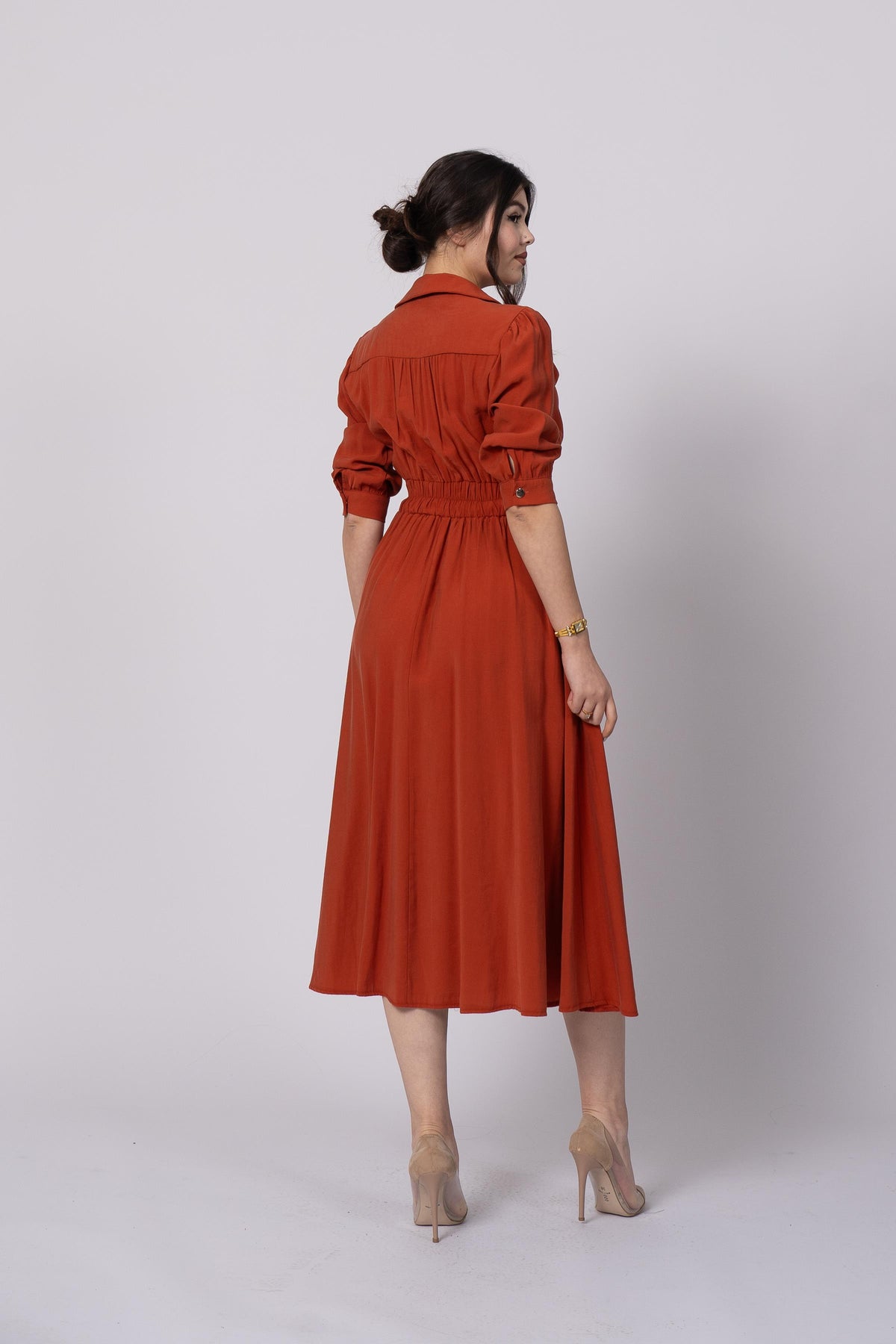 Robe Longue Tendance Orange à Col Chemise et Taille Élastiquée