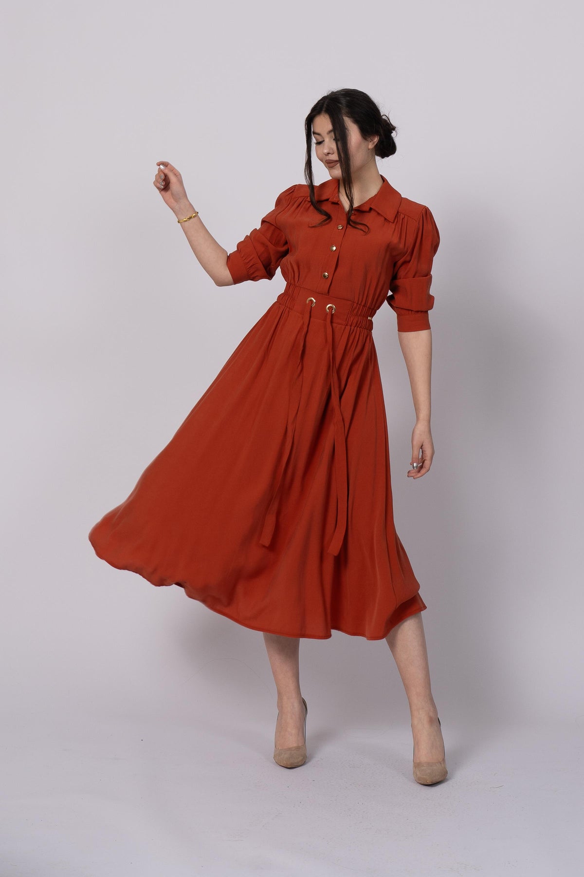 Robe Longue Tendance Orange à Col Chemise et Taille Élastiquée