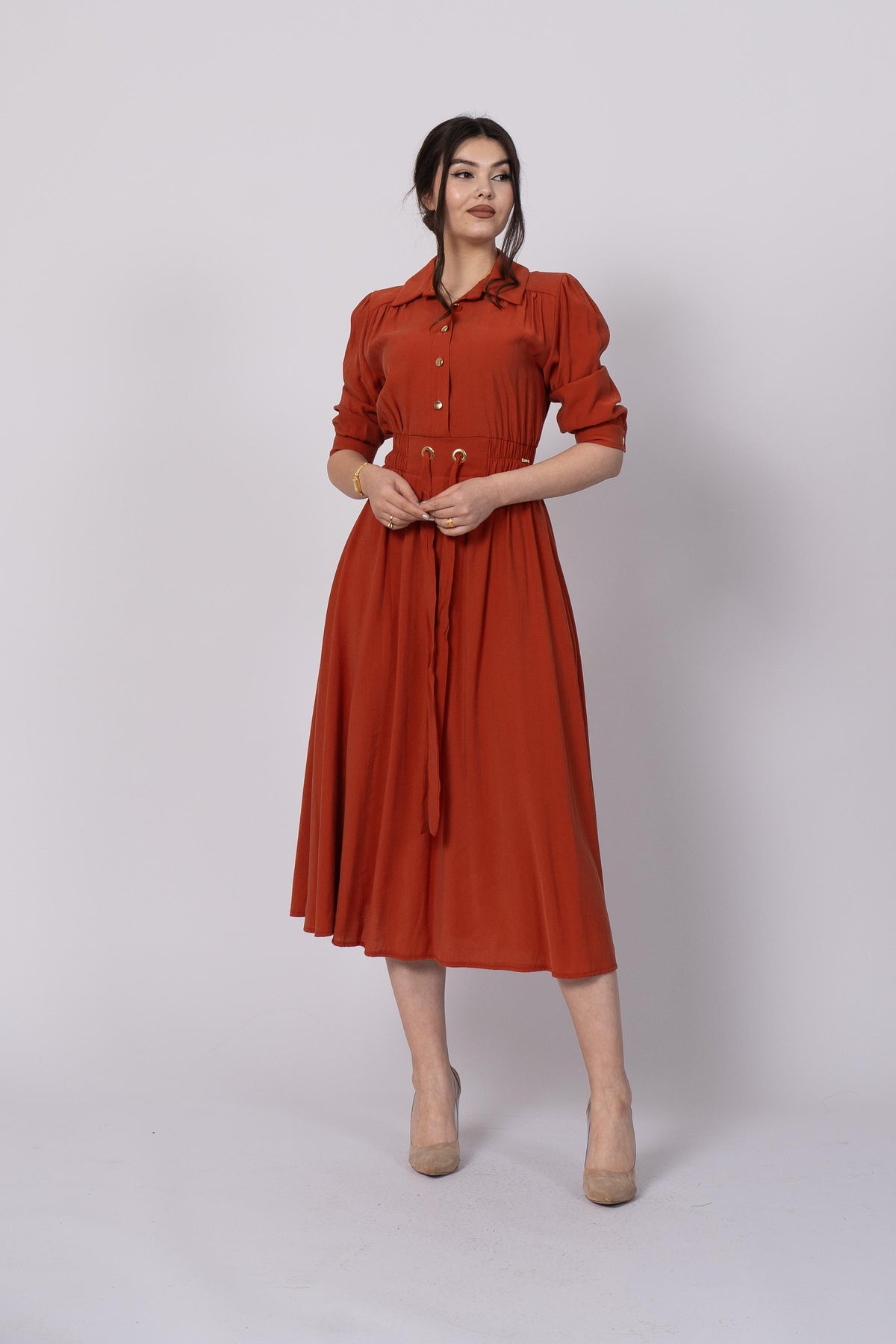 Robe Longue Tendance Orange à Col Chemise et Taille Élastiquée