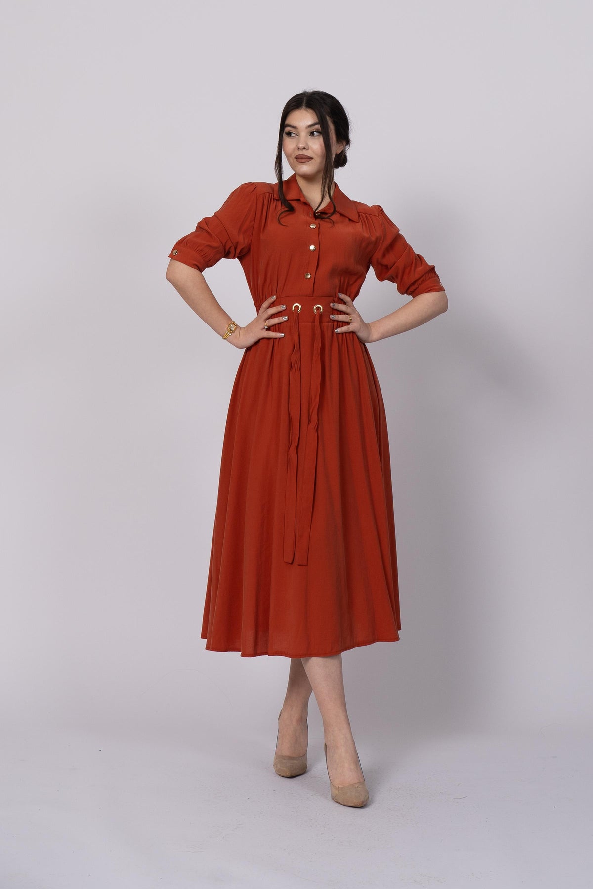 Robe Longue Tendance Orange à Col Chemise et Taille Élastiquée