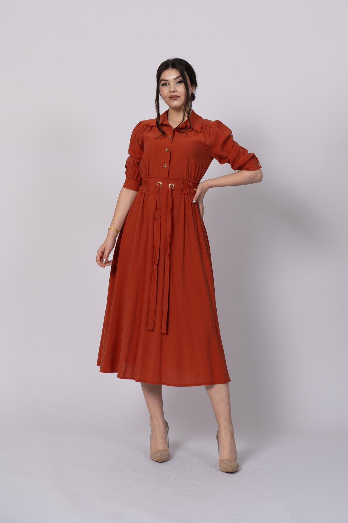 Robe Longue Tendance Orange à Col Chemise et Taille Élastiquée