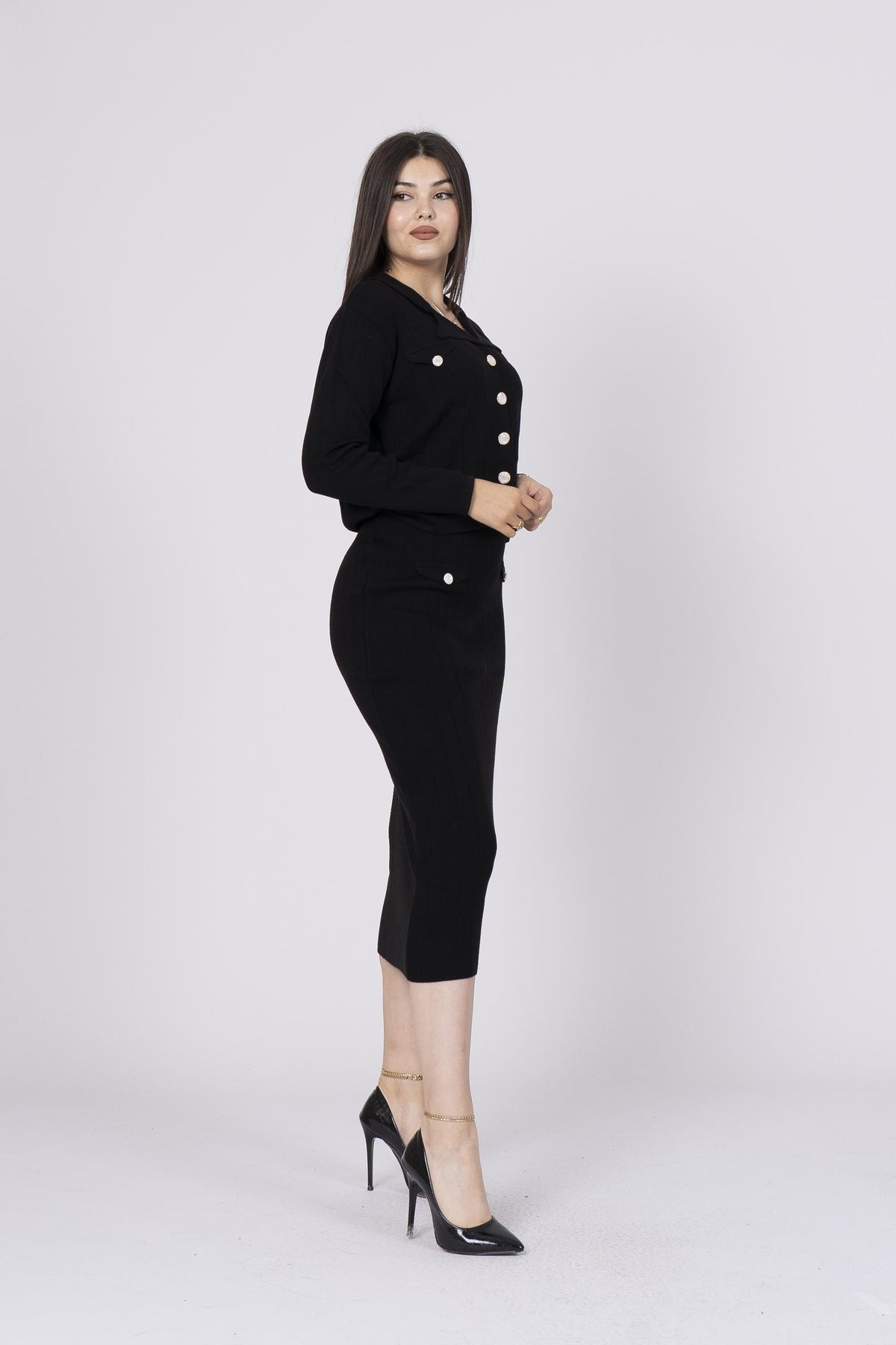 Triko Ceket Yaka Hırka Ve Etek Takım 005