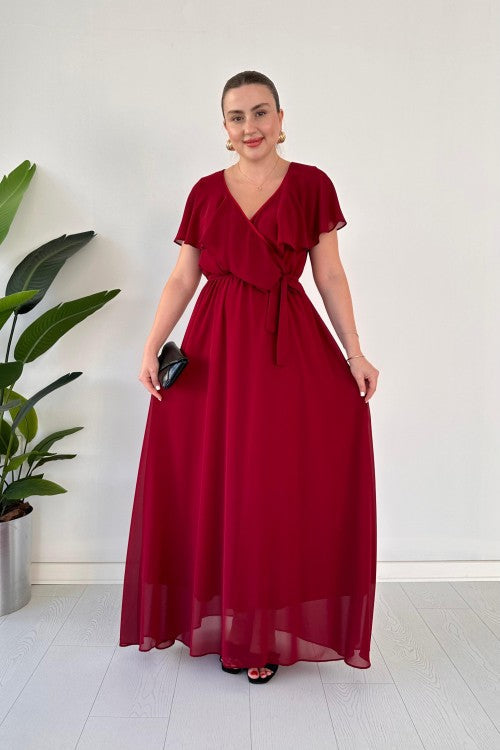 Robe longue en mousseline de soie à col volanté bordeaux