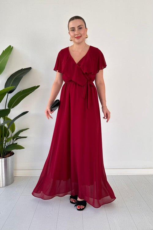 Robe longue en mousseline de soie à col volanté bordeaux