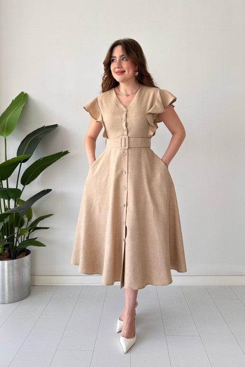 Robe chemise à volants beige