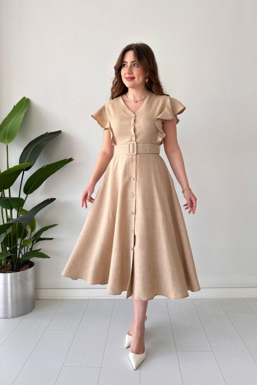 Robe chemise à volants beige