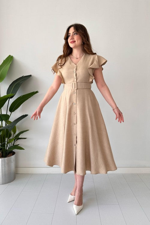 Robe chemise à volants beige