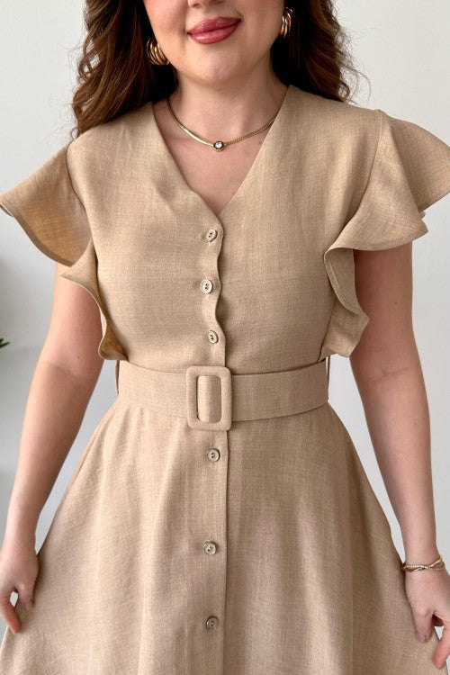 Robe chemise à volants beige