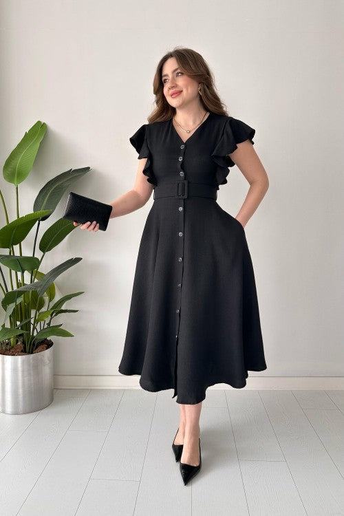 Robe chemise à volants noire
