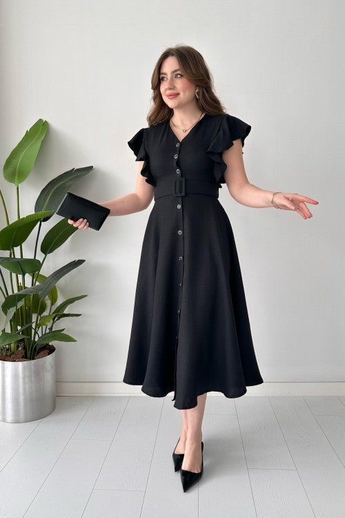 Robe chemise à volants noire