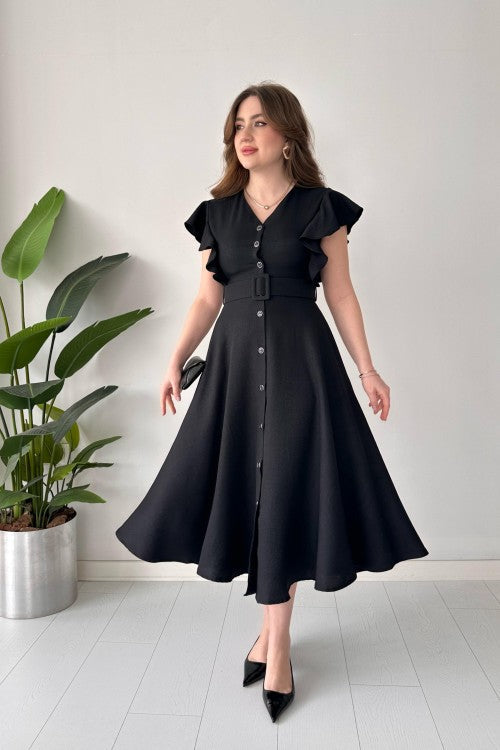Robe chemise à volants noire