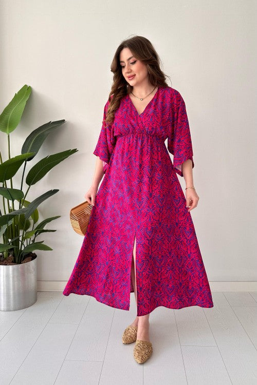 Robe en viscose à manches chauve-souris fuchsia