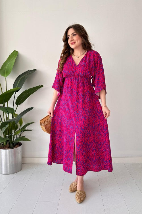 Robe en viscose à manches chauve-souris fuchsia