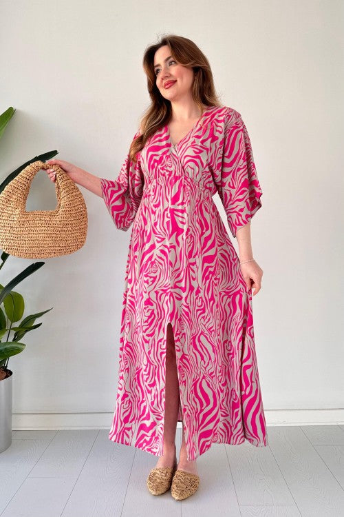 Robe en viscose à manches chauve-souris rose