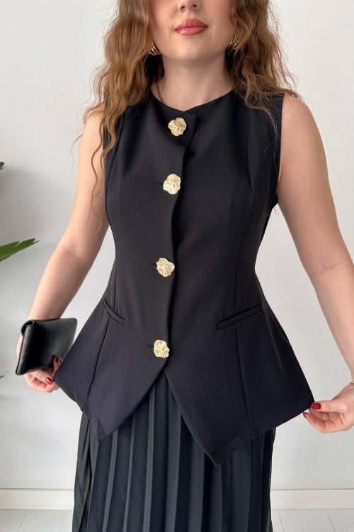 Robe en mousseline de soie noire à motif gilet
