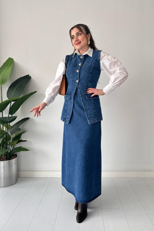 Costume en jean avec gilet bleu