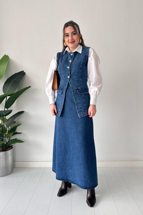 Costume en jean avec gilet bleu