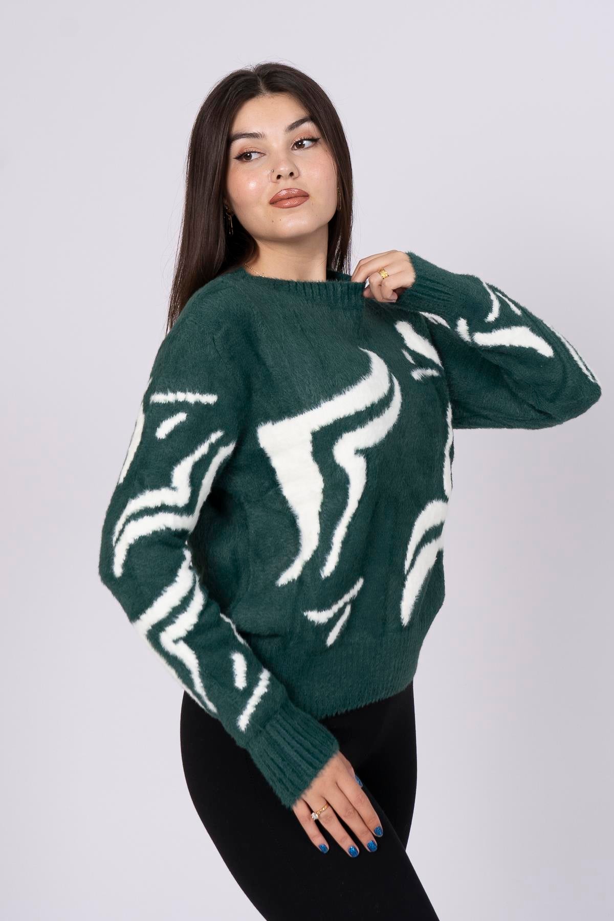 Yuvarlak Yaka Peluş Desenli Kazak 11120