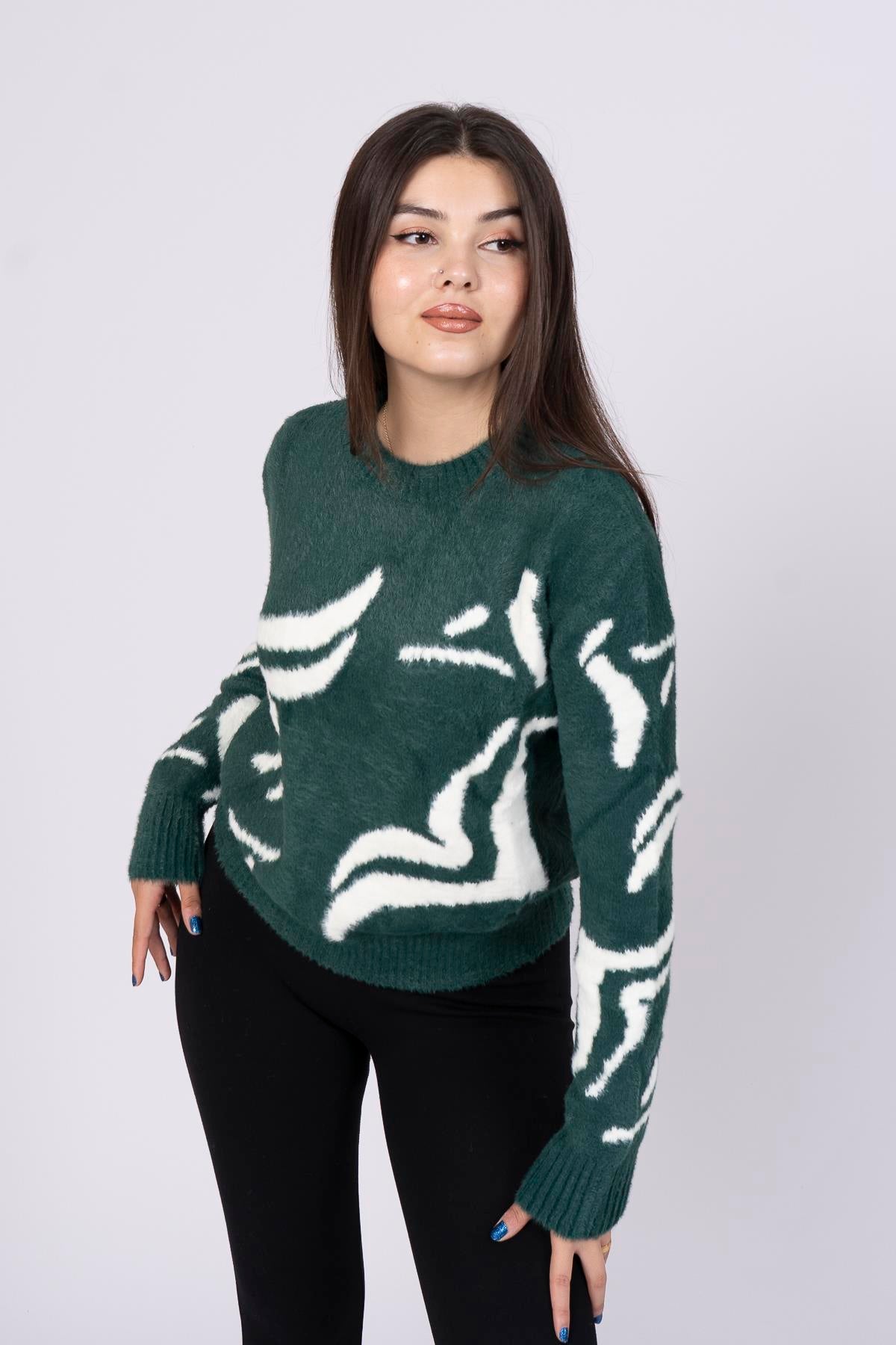 Yuvarlak Yaka Peluş Desenli Kazak 11120